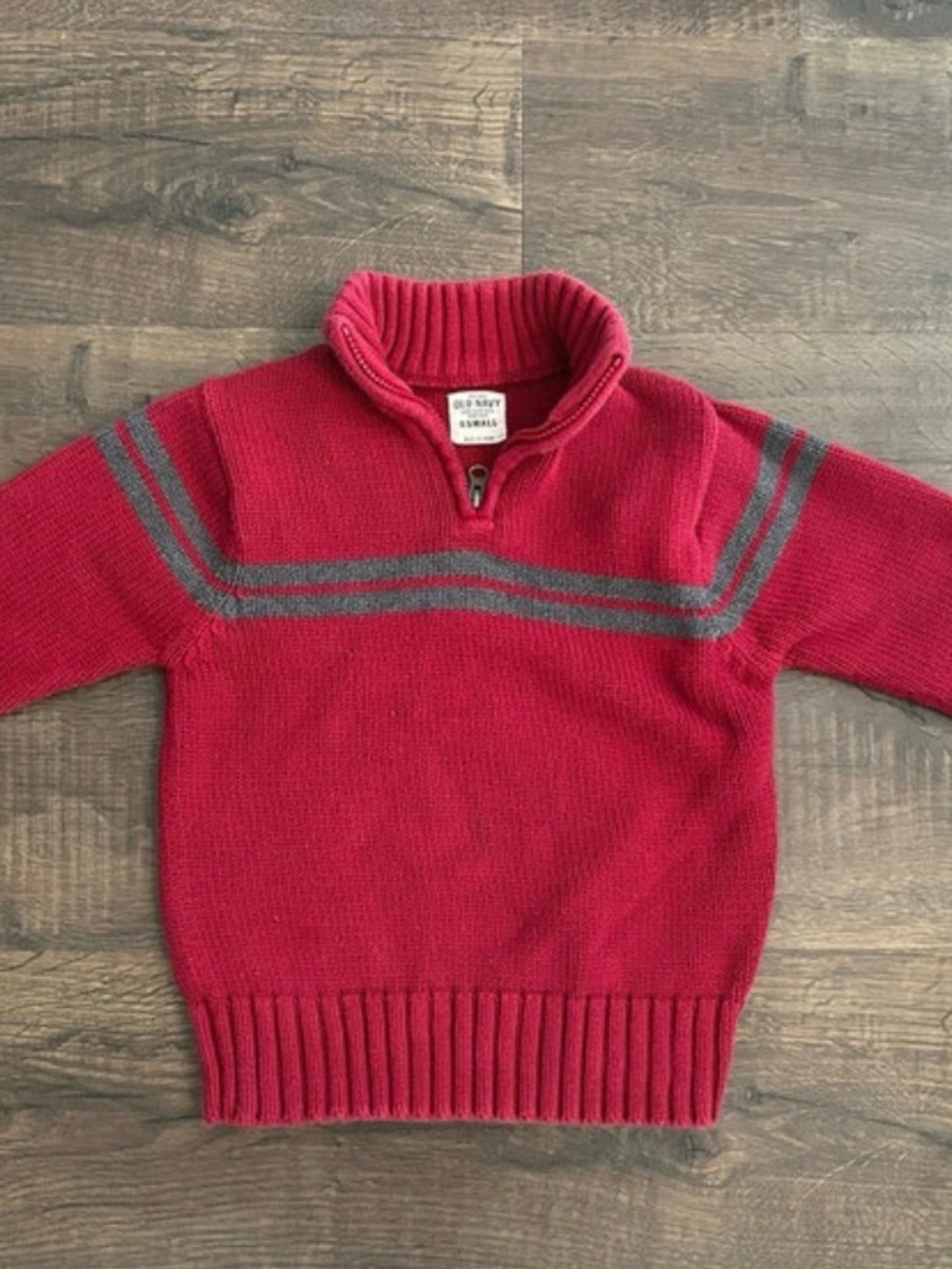 Old Navy Red Men's Zip Mock-Neck Sweater with Gray Stripes